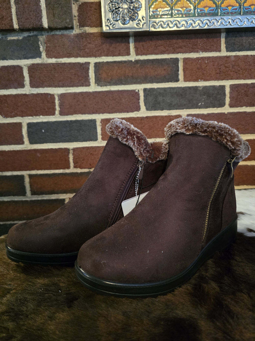 Women’s Brown Faux-Fur Trim Ankle Boots